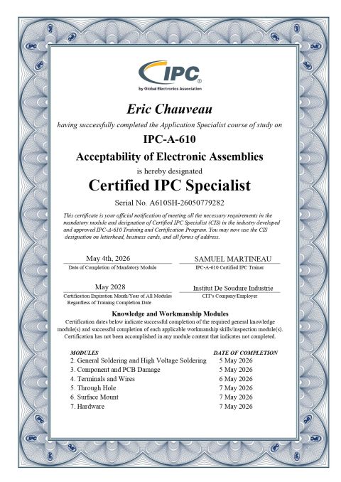 SEIA Automatismes certifie ses équipes à l’IPC-A-610