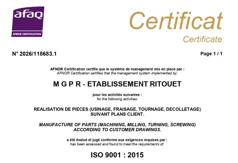 MGPR - Ets Ritouet obtient la certification ISO 9001 : 2015 !